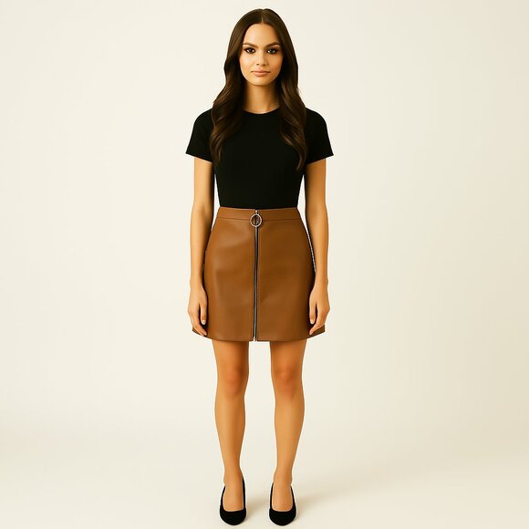 Coco & Yves mod tan faux leather zipper front mini skirt Size Small - Picture 2 of 7